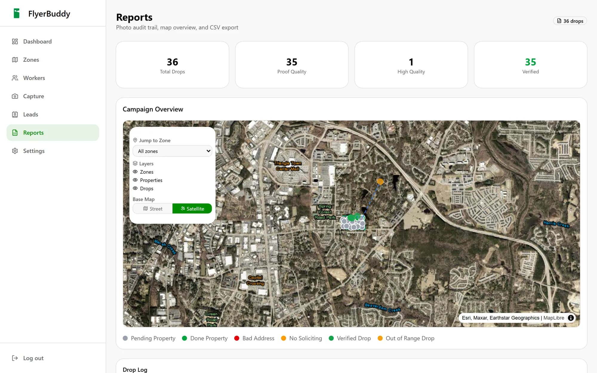 The reports page showing an audit map of delivered drops alongside a table of individual deliveries.