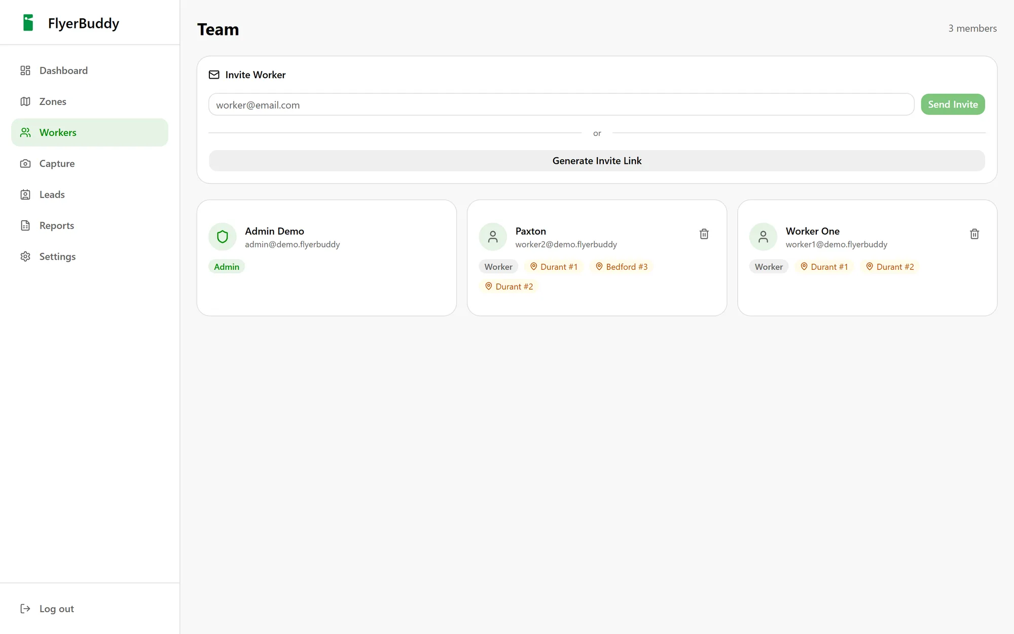 The team page showing three members with their roles and the zones assigned to each.