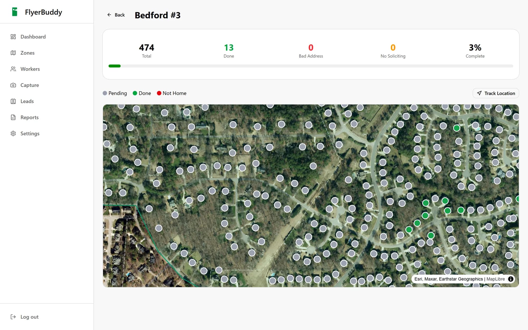 A zone detail page showing satellite imagery of a subdivision, a drawn boundary, and hundreds of property pins with live delivery counters.